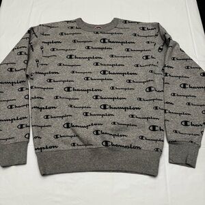 Champion Reverse Weave All Over Logo Print Gray Crewneck Sweatshirt Small